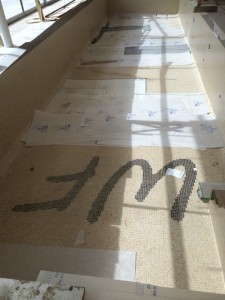 Woodlands Farm 'WF' on mosaic floor to swimming pool in basement.